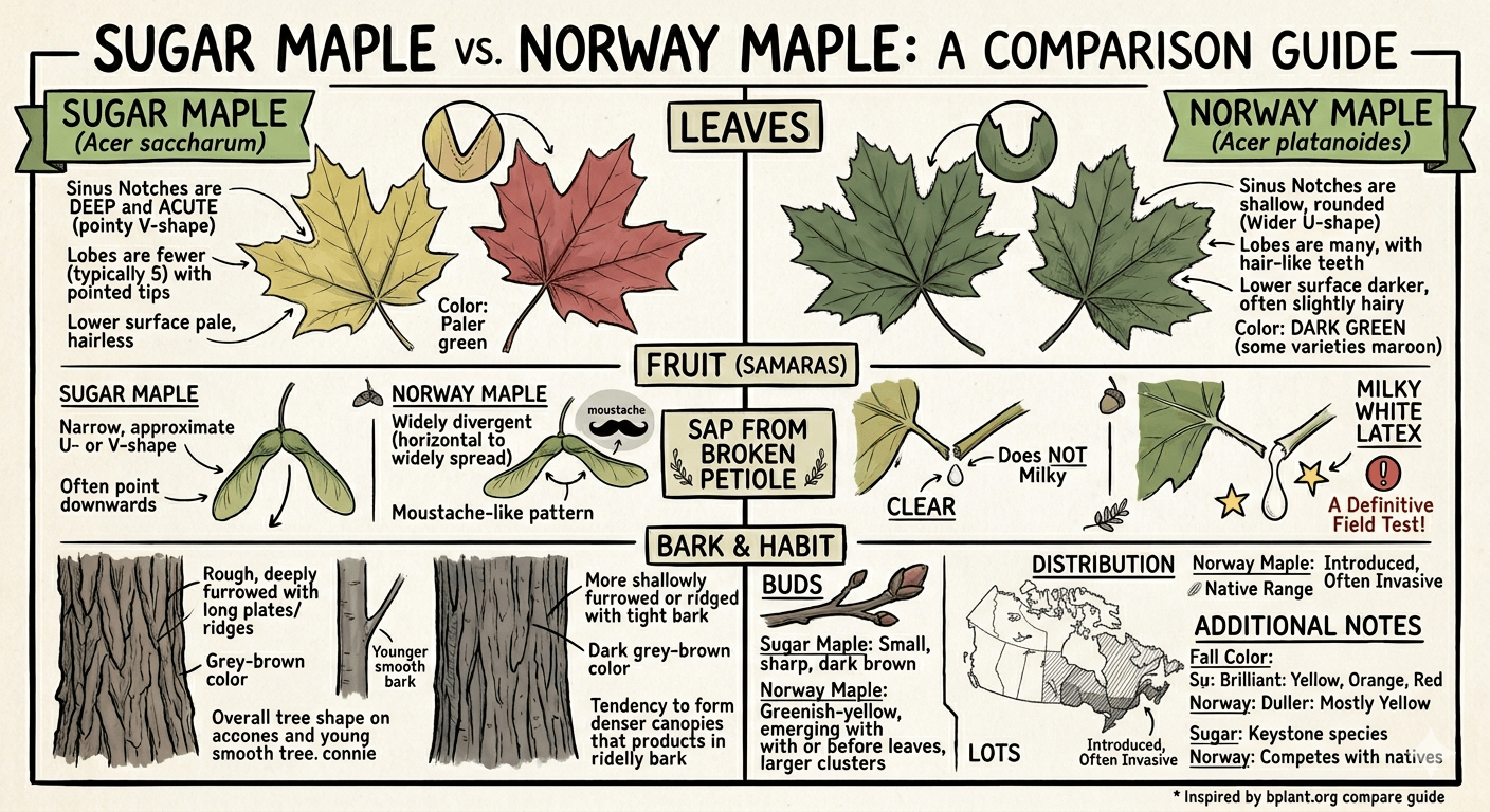 Side-by-side comparison of a sugar maple leaf (left) and a Norway maple leaf (right)